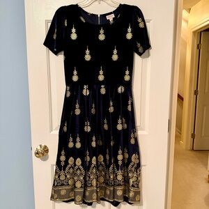 LuLaRoe Navy Velvet Dress with Gold Floral Motif